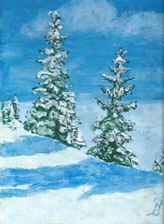 Pine trees in snowy field